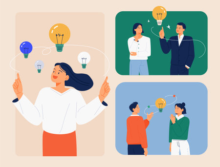Business team members are having a conversation. Light bulbs float around them. flat vector illustration.のイラスト素材