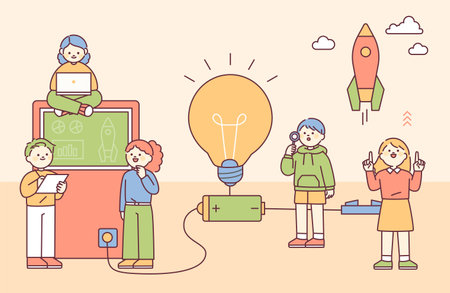 Children are connecting batteries, machines and light bulbs and doing science experiments. outline simple vector illustration.のイラスト素材