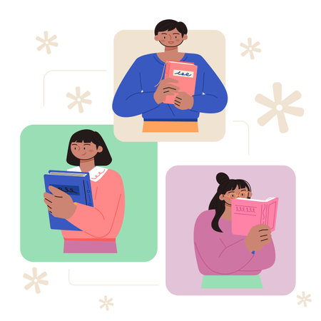 Three people are standing with books. They are placed in their respective frames. flat vector illustration.のイラスト素材