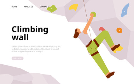 Rock climbing webpage template. A person is doing indoor rock climbing. flat vector illustration.のイラスト素材