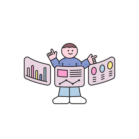 Screens are floating in the air, and cute characters are touching and analyzing data. outline simple vector illustration.のイラスト素材