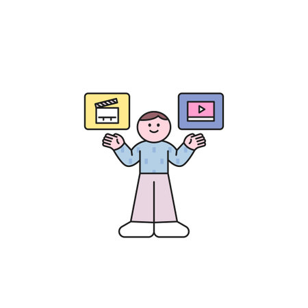 A cute character is selecting a video icon with both hands. outline simple vector illustration.のイラスト素材