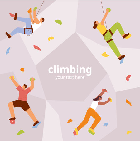 People are climbing each indoor rock wall. flat vector illustration.のイラスト素材