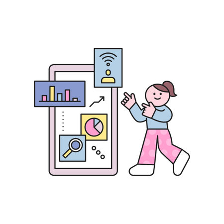 There are many analytics graphs on the mobile and a girl is pointing to the data. outline simple vector illustration.のイラスト素材