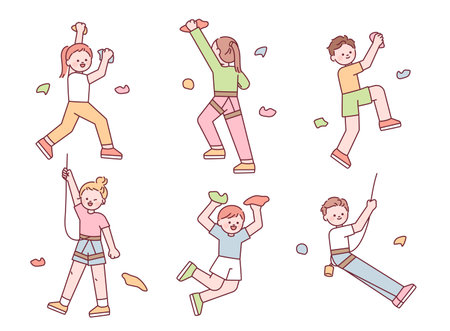 Collection of cute characters doing indoor rock climbing. flat vector illustration.のイラスト素材