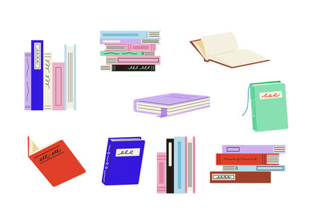 Books stacked vertically and horizontally. Book cover with writing. open books. flat vector illustration.のイラスト素材