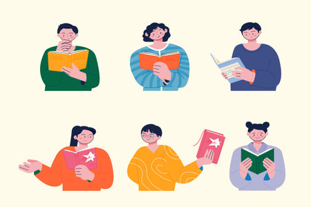 people reading books. People sharing opinions in a book club. flat vector illustration.のイラスト素材
