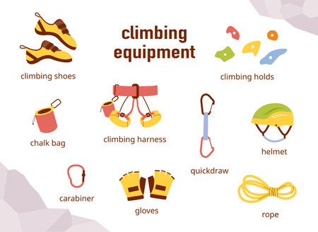 Indoor rock climbing equipment collection. flat vector illustration.のイラスト素材