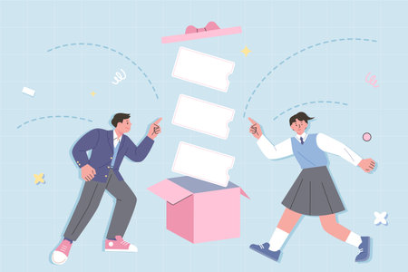 Students in school uniforms are happy to see the gift box. Event coupons pop up from the gift box.のイラスト素材