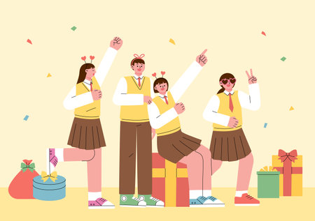 Students in school uniforms are partying around a lot of gift boxes. flat vector illustration.のイラスト素材