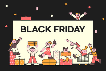 Black Friday concept poster on black background. Cute characters are having fun shopping.のイラスト素材