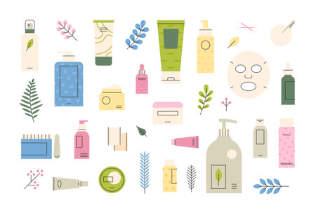 A collection of various cosmetic products. Cosmetic containers such as pumps and spray creams.のイラスト素材