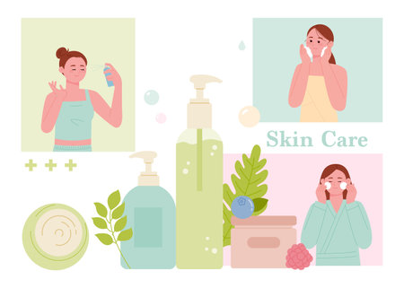 Cosmetic containers are placed in the center, and there are screens of women doing skin care around them.のイラスト素材