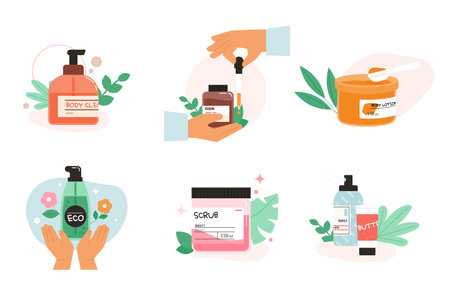Danyaham Cosmetics products and the hands that use them. flat vector illustration.のイラスト素材