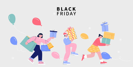 Black Friday. People are walking happily with shopping bags and shopping boxes. flat vector illustration.のイラスト素材