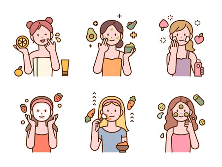 Healthy cosmetics made with various fruits and vegetables. Cute female characters are doing skin care. outline style illustration.のイラスト素材