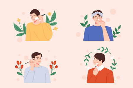 Handsome men are doing various skin care. Behind them are decorated plants.のイラスト素材