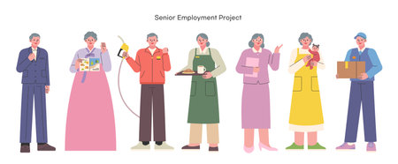 A collection of senior characters wearing uniforms of various professions.のイラスト素材