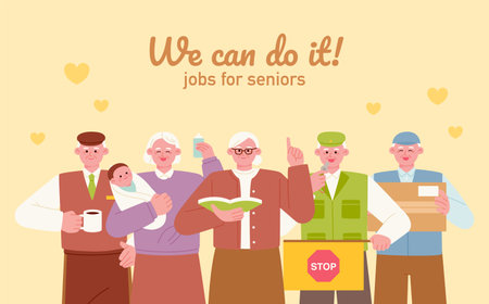 Elderly jobs promotion banner. A collection of senior characters with various occupations.のイラスト素材