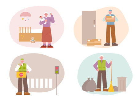 A grandmother who takes care of a baby, a grandfather who delivers parcels, a grandfather who organizes traffic, and a grandfather who cleans the streets.のイラスト素材