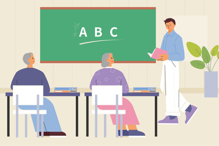 senior school. Grandfather and grandmother are taking lessons in the classroom.のイラスト素材