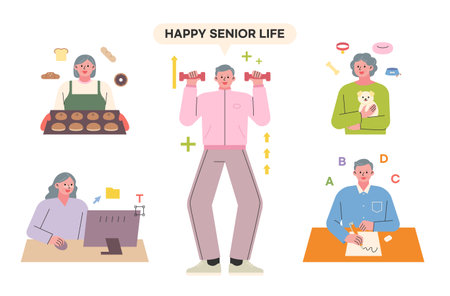 A collection of senior characters who exercise and learn new things for a healthy old age.のイラスト素材