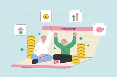 An elderly couple is sitting on a bank passbook. He is delighted to see their assets piled up.のイラスト素材