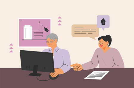 An old man is learning to use a computer from a young girl.のイラスト素材
