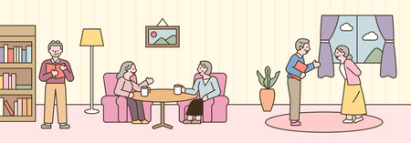 Inside a cozy nursing facility. The elderly are living a comfortable and enjoyable old age together.のイラスト素材