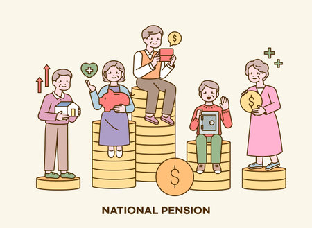 The elderly are sitting on the stacked coins with a smile. They are holding objects that symbolize wealth in their hands.のイラスト素材
