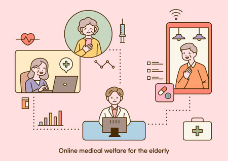 Elderly patients are receiving online non-face-to-face treatment. A doctor working on a computer and a patient on the screen connected to it. outline simple vector illustration.のイラスト素材