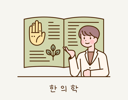 A doctor is explaining oriental medicine. Behind him is a pictured book.のイラスト素材