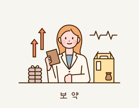 An oriental doctor is explaining while holding a herbal medicine in her hand. She has a packed medicine box and pocket next to her.のイラスト素材