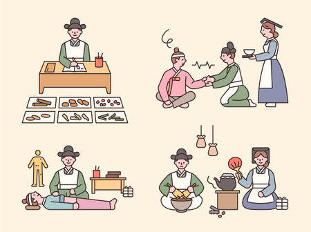 Doctors and nurses in Joseon, the former country of Korea. Doctors and nurses are preparing medicine and treating patients.のイラスト素材