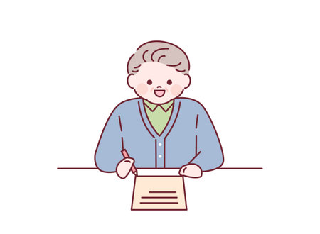 An old man is writing on paper. outline simple vector illustration.のイラスト素材