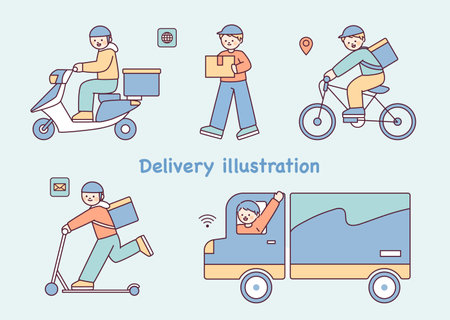 Cute characters delivering deliveries with various vehicles.のイラスト素材