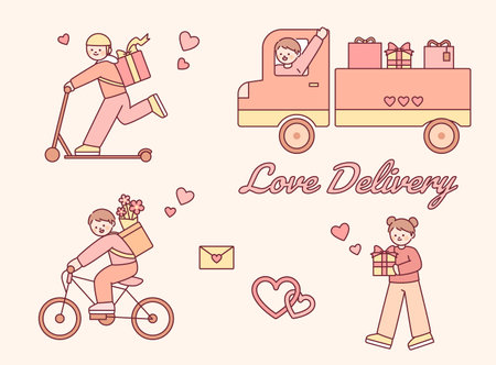 Cute deliverymen are delivering love. Variety of transportation.のイラスト素材