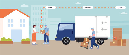 A delivery man unloads a delivery box from a delivery truck and delivers it to a customer.のイラスト素材