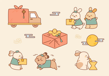 Cute rabbit deliveryman characters. They are delivering traditional Korean gift boxes.のイラスト素材