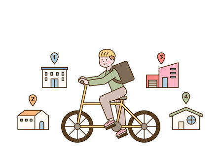 A delivery man is riding a bicycle carrying a delivery box.のイラスト素材