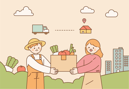 A rural farmer delivers local food directly to an urban customer.のイラスト素材