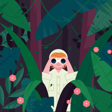 An explorer is observing through a telescope in a lush forest.のイラスト素材