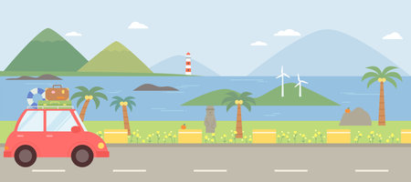 Jeju Island Sea Trip. Cars loaded with travel luggage are running along the coastal road.のイラスト素材