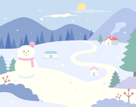 snowy town. There is a cute snowman and a village can be seen in the distance. Smoke is coming out of the chimney.のイラスト素材