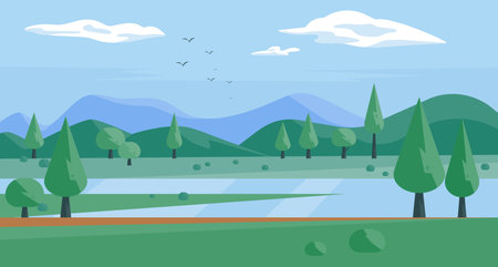Green nature landscape. A background illustration of a quietly flowing river.のイラスト素材