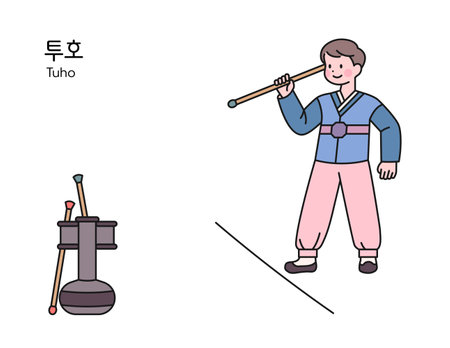 korean traditional play. A boy wearing a hanbok is playing a game of throwing an arrow into a jar.のイラスト素材