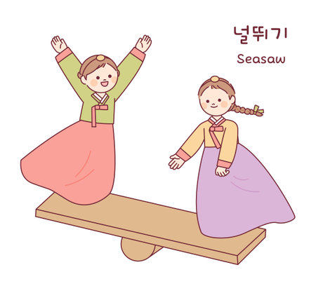 korean traditional play. Two girls wearing hanbok are riding on a seesaw.のイラスト素材