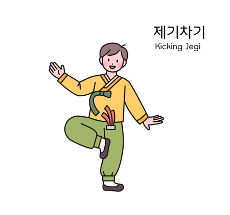 korean traditional play. A boy wearing a hanbok is playing Jegichagi, a traditional game.のイラスト素材