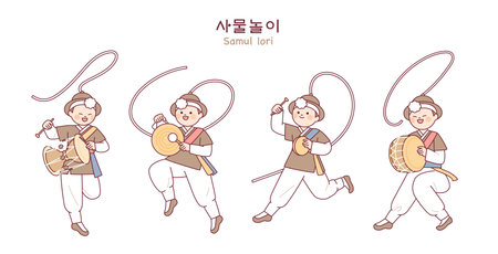 Korean traditional music Samulnori. Cute performers are excitedly performing by spinning ribbons above their heads.のイラスト素材