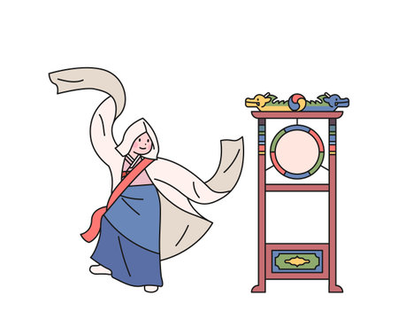 Korean traditional dance Seungmu. A woman performing a Buddhist ritual dance with fluttering long cloth. There is a drum next to her.のイラスト素材
